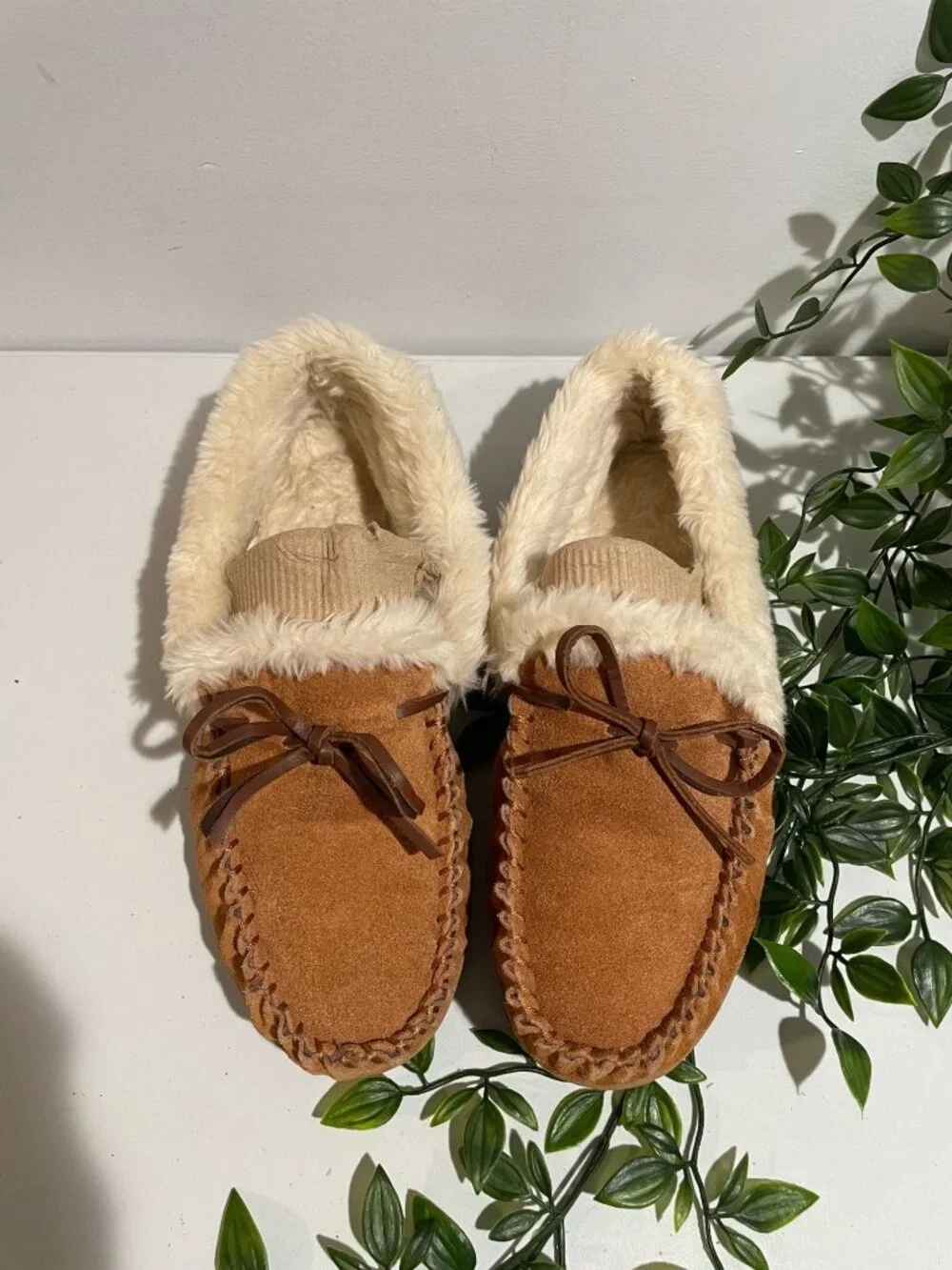 J.Crew Womens Faux Fur Lined Moccasin Slippers Size10 Suede Tan&Cream Rubber Sol